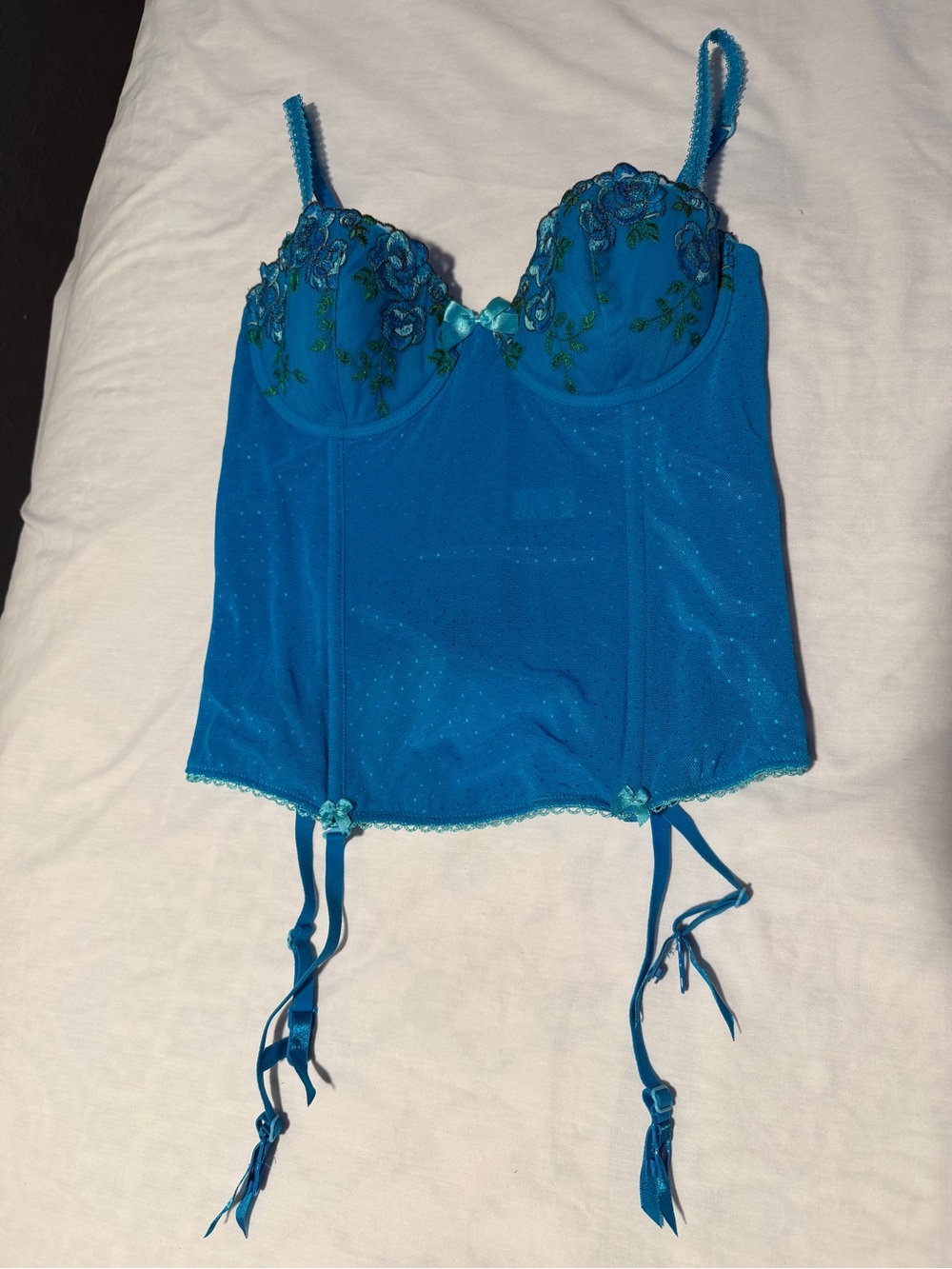 Turquoise Blue Embroidered Bustier Camisole with Garter Straps